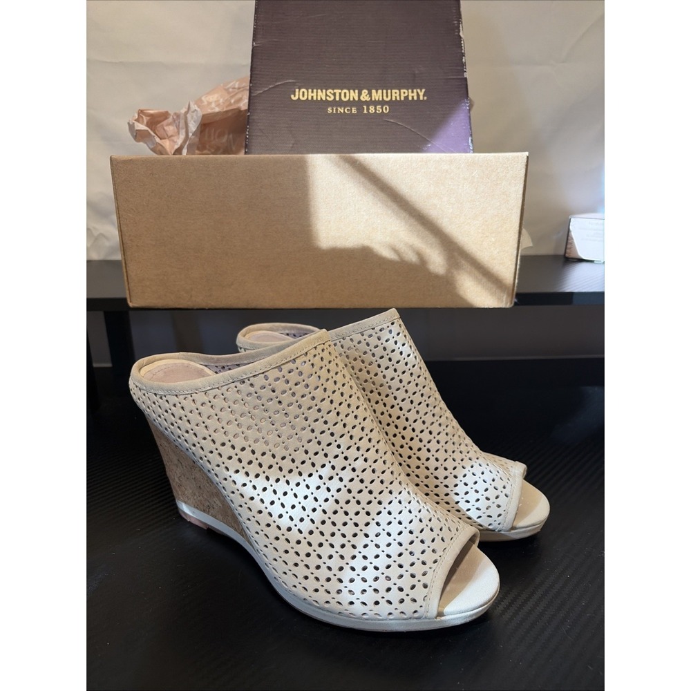 JOHNSTON & MURPHY DELANEY TOBACCO CAMEL CUTOUT LEATHER SLIDES SANDALS WEDGE 7.5